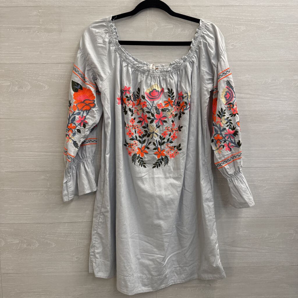 Free People Blue/ Bright Embroidered Off Shoulder Long Sleeve Dress Medium