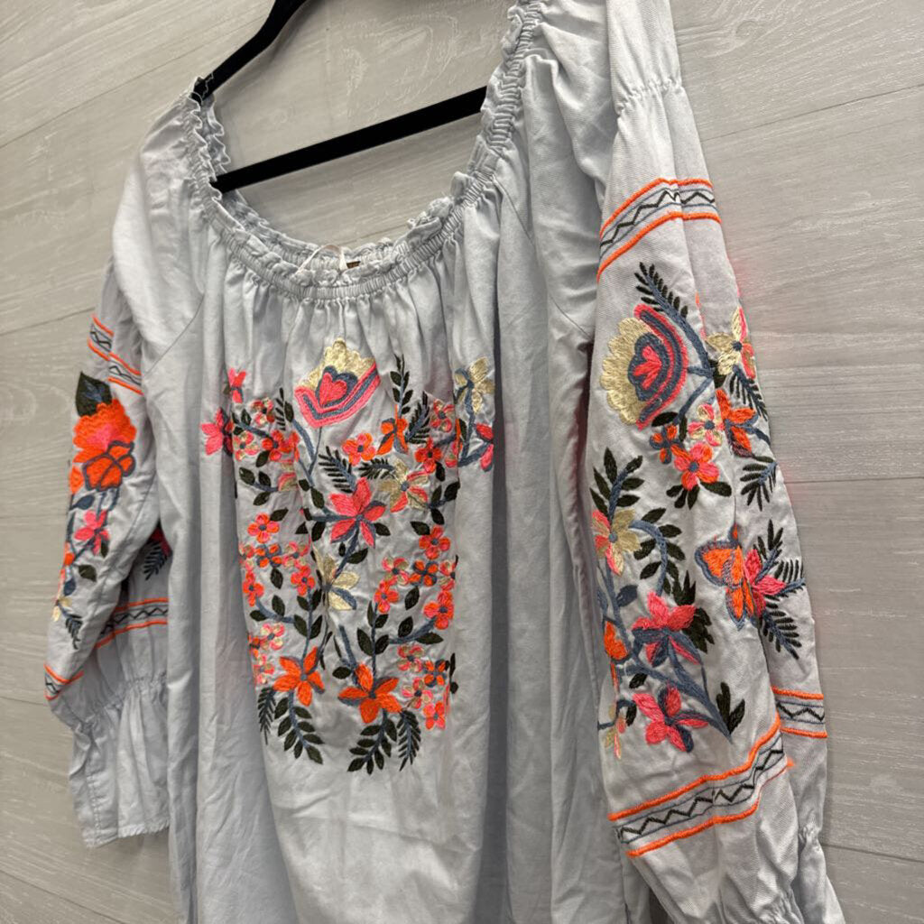 Free People Blue/ Bright Embroidered Off Shoulder Long Sleeve Dress Medium