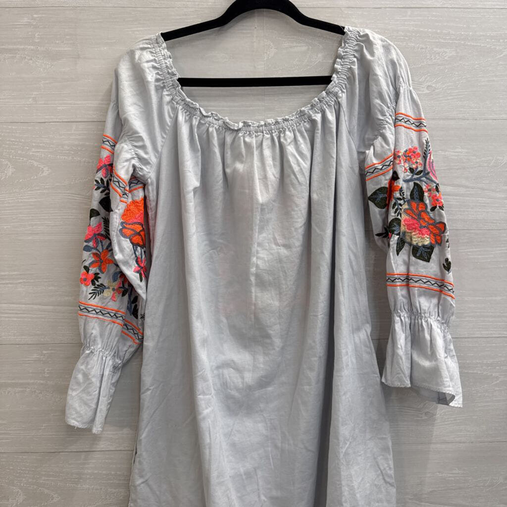 Free People Blue/ Bright Embroidered Off Shoulder Long Sleeve Dress Medium