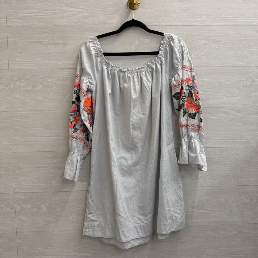 Free People Blue/ Bright Embroidered Off Shoulder Long Sleeve Dress Medium
