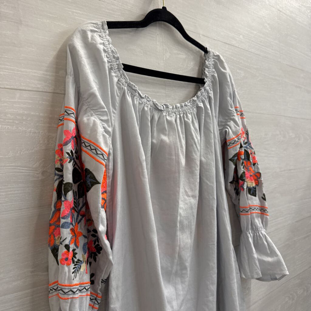 Free People Blue/ Bright Embroidered Off Shoulder Long Sleeve Dress Medium