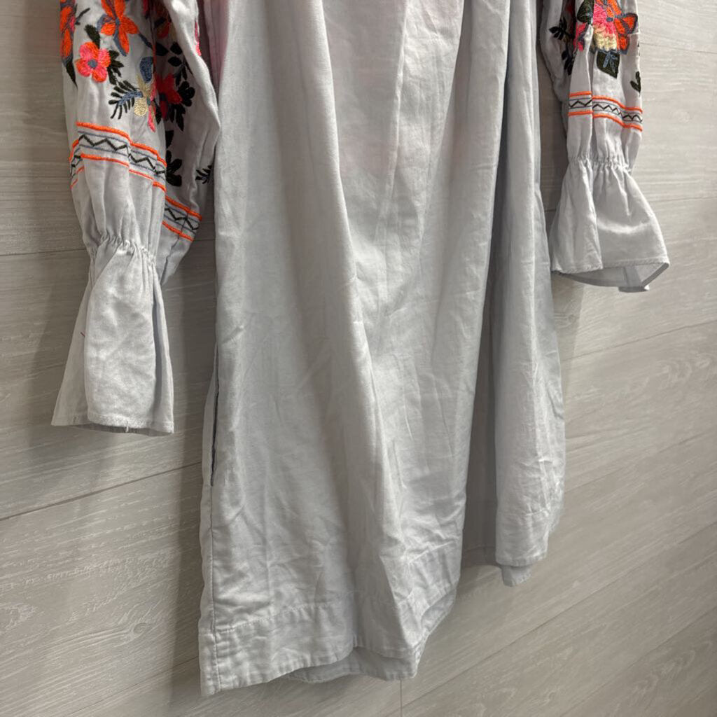 Free People Blue/ Bright Embroidered Off Shoulder Long Sleeve Dress Medium