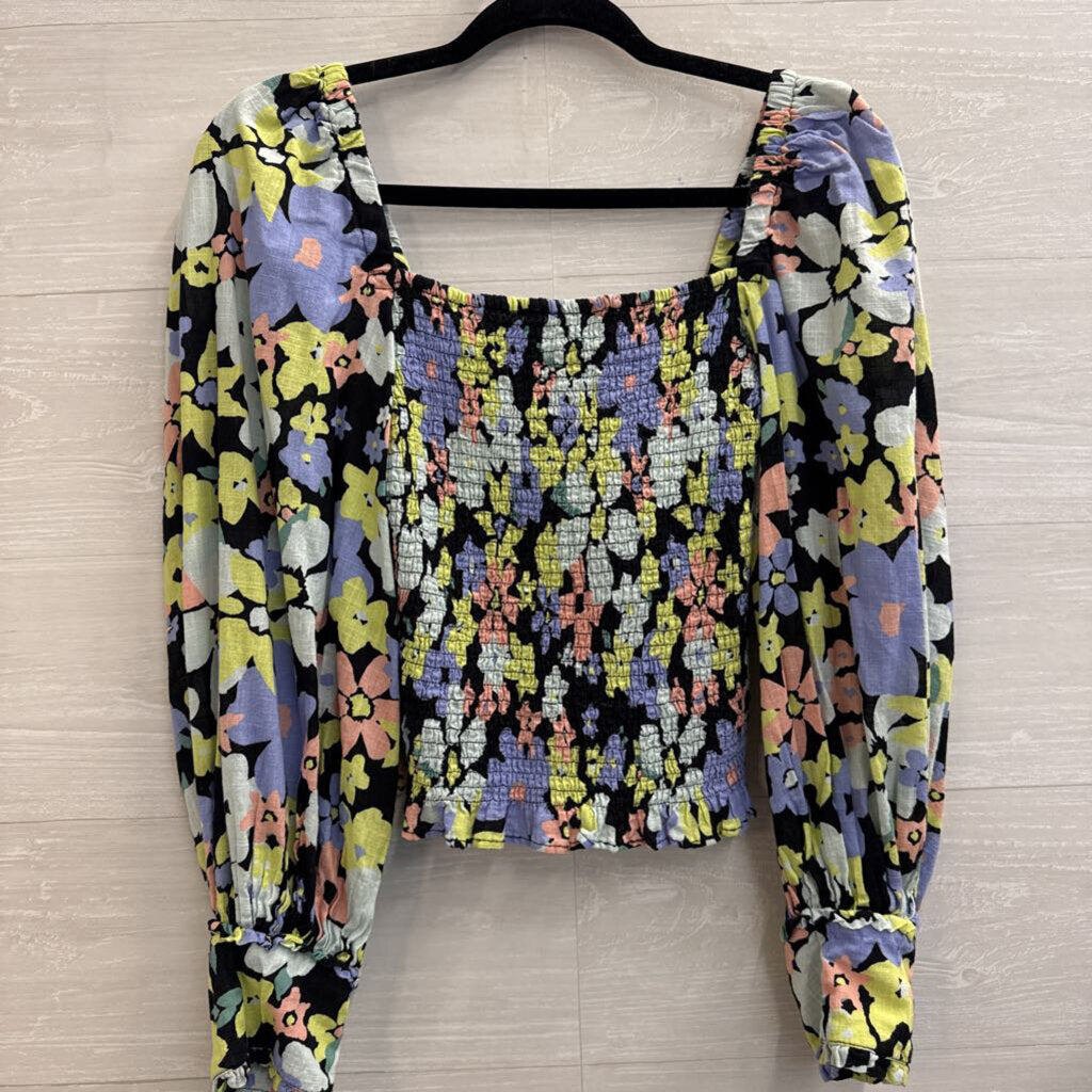 Free People Black/ Multi Floral Cropped Smocked Long Sleeve Top Extra Small