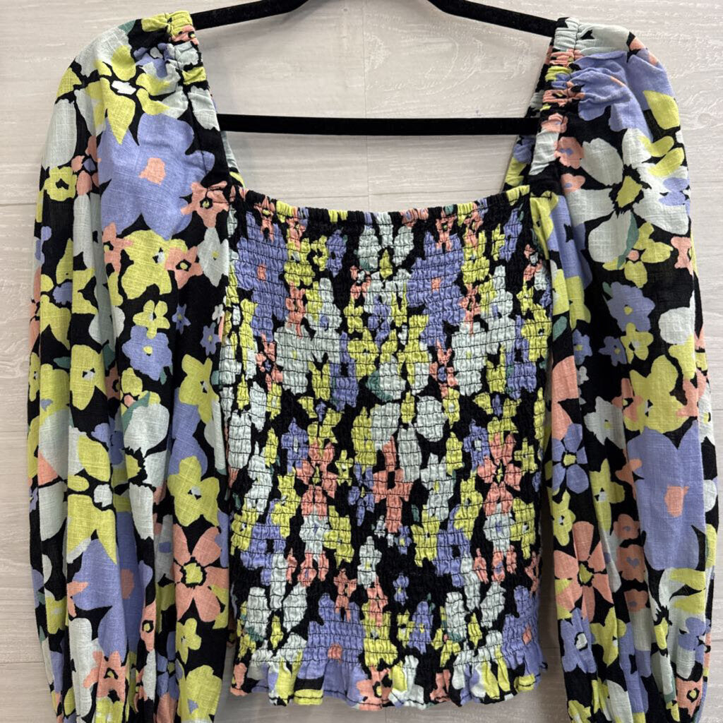 Free People Black/ Multi Floral Cropped Smocked Long Sleeve Top Extra Small