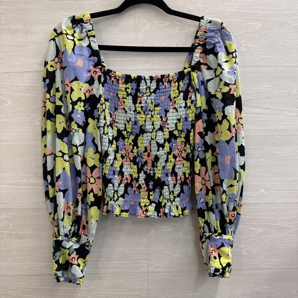 Free People Black/ Multi Floral Cropped Smocked Long Sleeve Top Extra Small