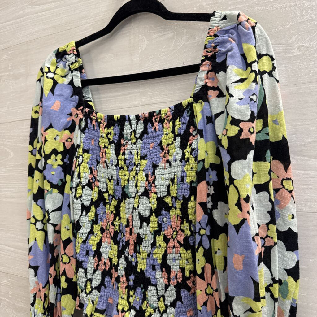 Free People Black/ Multi Floral Cropped Smocked Long Sleeve Top Extra Small