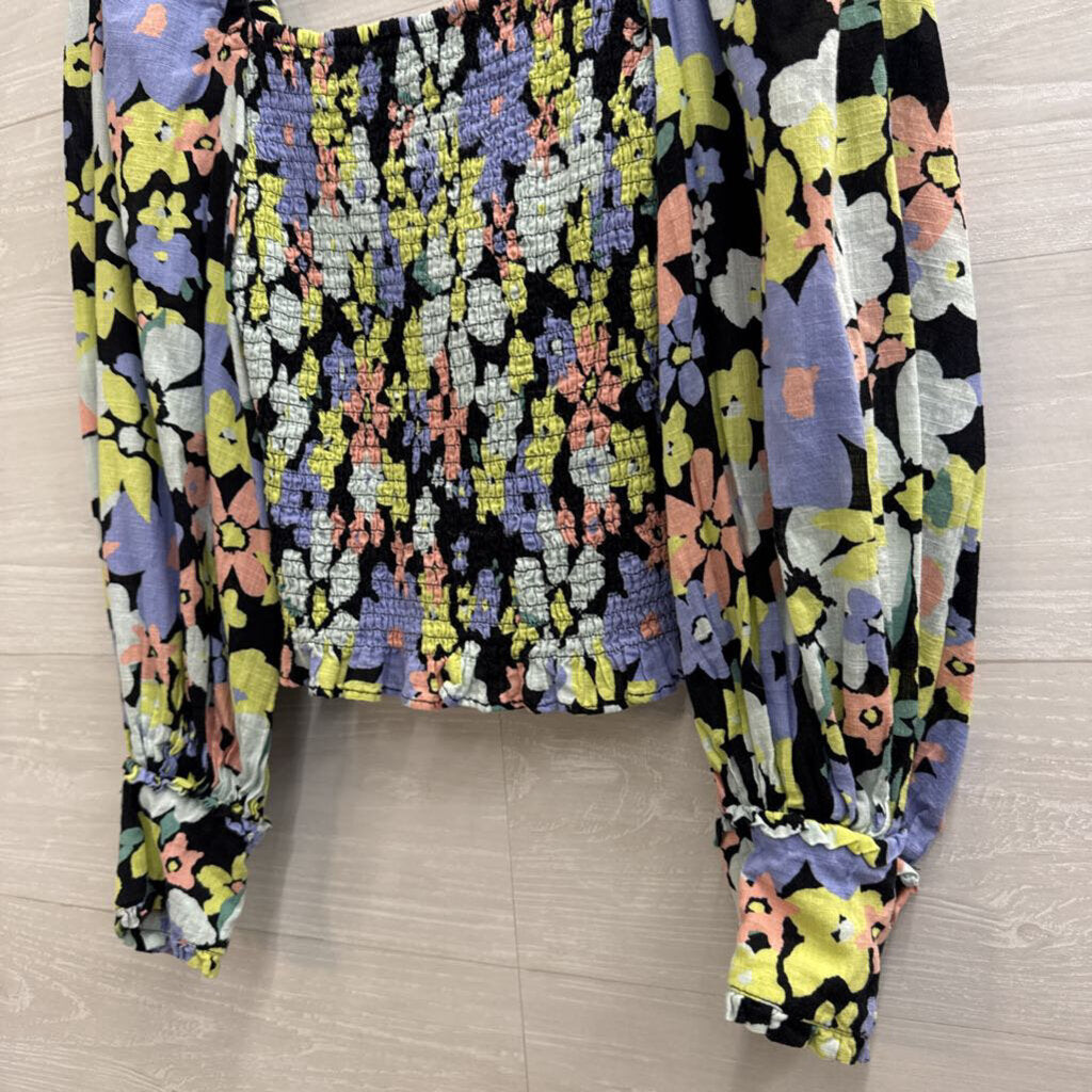 Free People Black/ Multi Floral Cropped Smocked Long Sleeve Top Extra Small