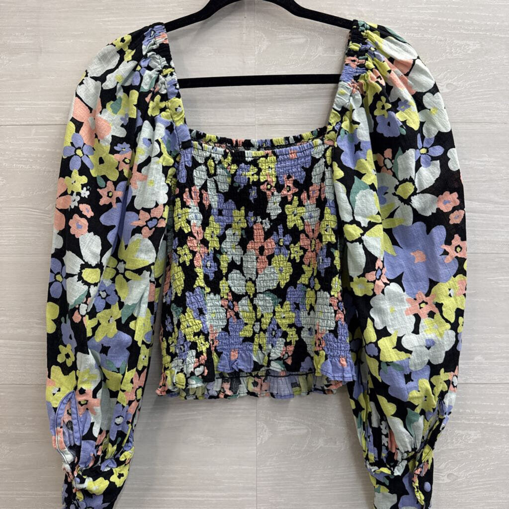 Free People Black/ Multi Floral Cropped Smocked Long Sleeve Top Extra Small