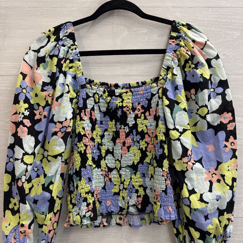 Free People Black/ Multi Floral Cropped Smocked Long Sleeve Top Extra Small