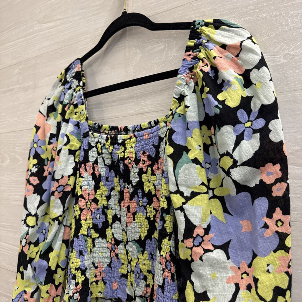 Free People Black/ Multi Floral Cropped Smocked Long Sleeve Top Extra Small