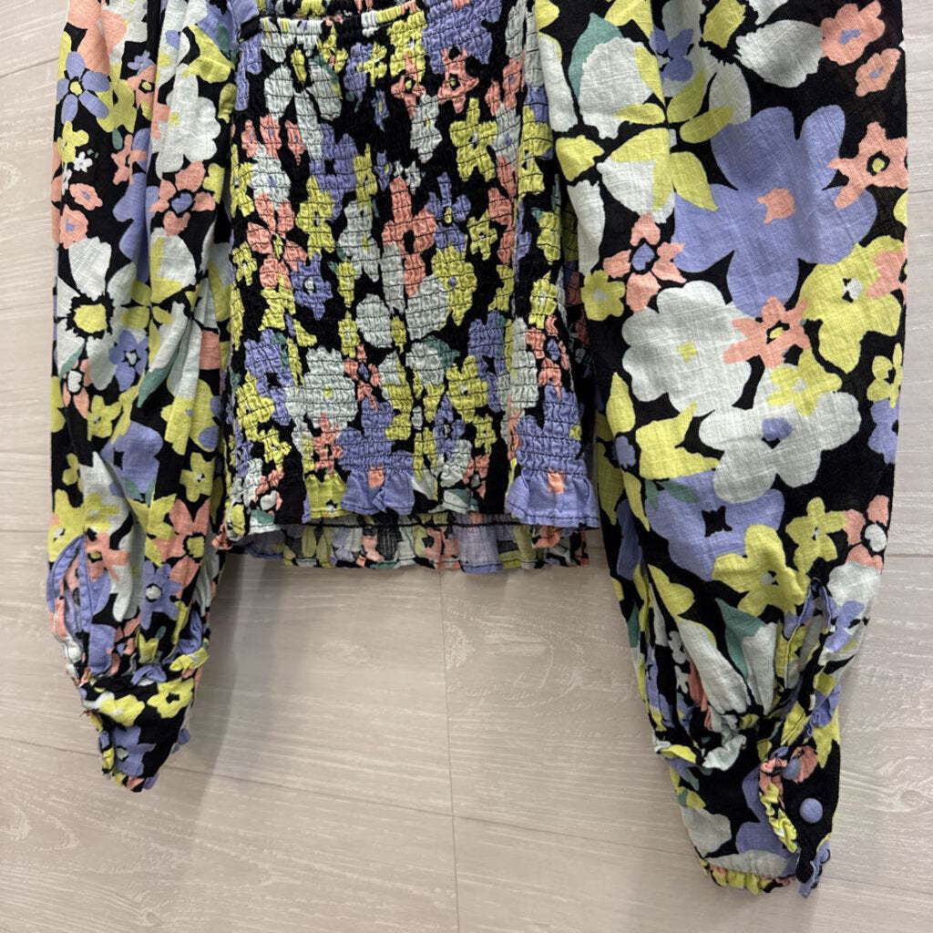 Free People Black/ Multi Floral Cropped Smocked Long Sleeve Top Extra Small