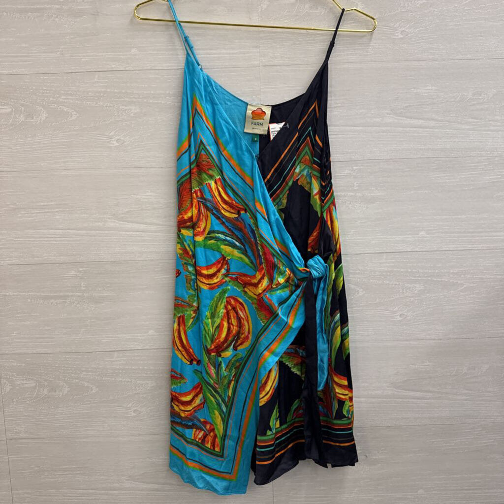 Farm Rio Blue Silky Print Wrap Dress Small