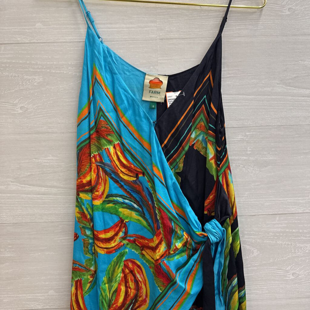 Farm Rio Blue Silky Print Wrap Dress Small