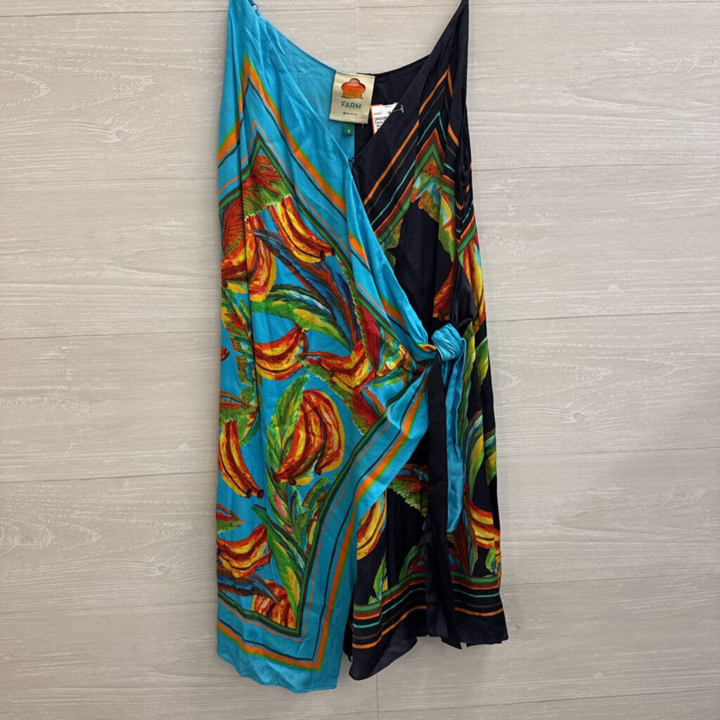 Farm Rio Blue Silky Print Wrap Dress Small