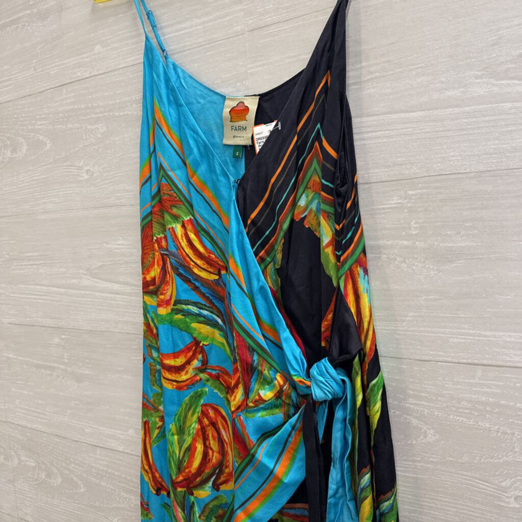 Farm Rio Blue Silky Print Wrap Dress Small