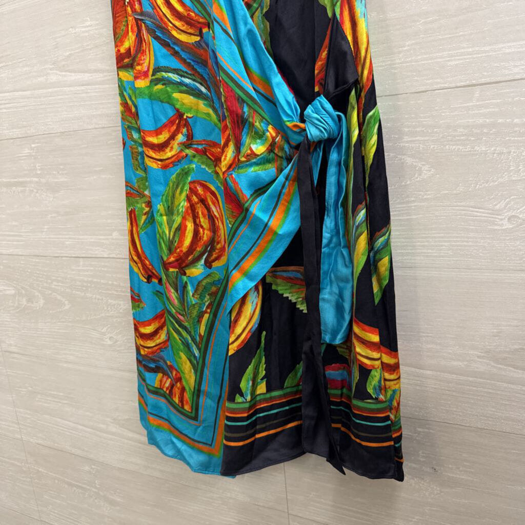Farm Rio Blue Silky Print Wrap Dress Small