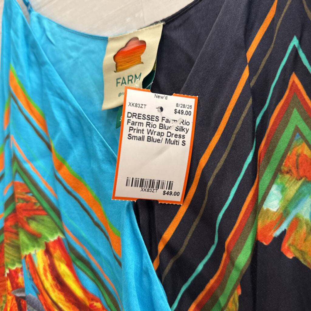 Farm Rio Blue Silky Print Wrap Dress Small