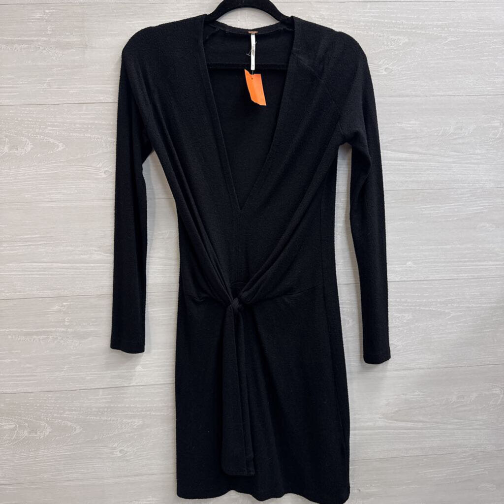 Free People Black Knit V Neck Knot Front Long Sleeve Mini Dress Small
