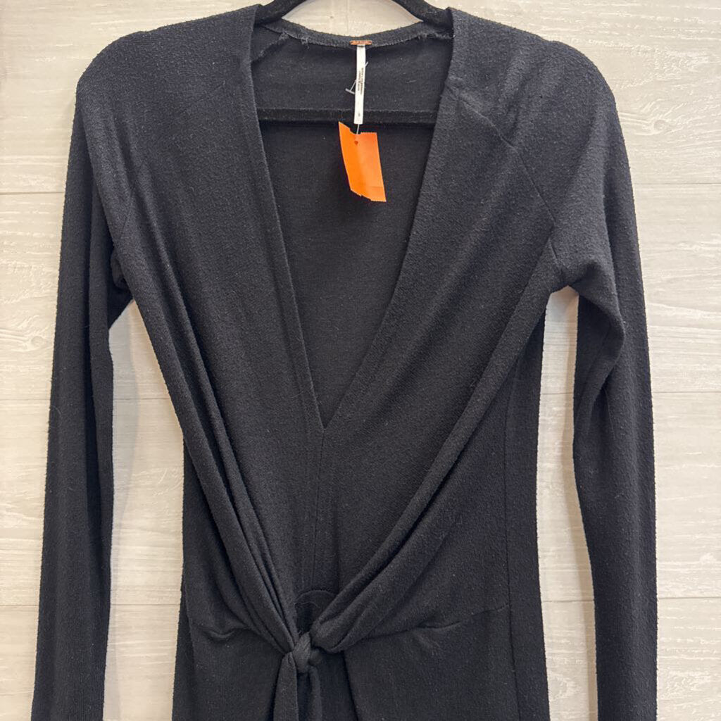 Free People Black Knit V Neck Knot Front Long Sleeve Mini Dress Small