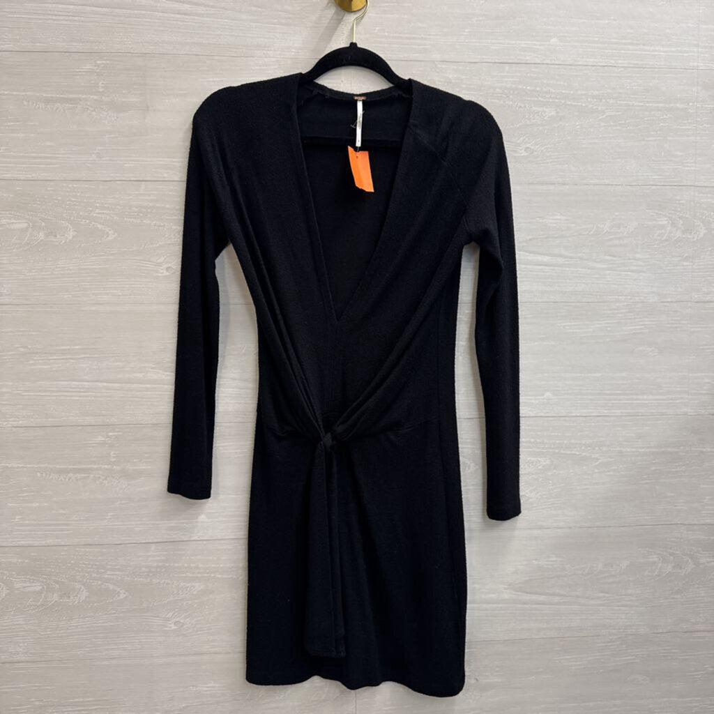 Free People Black Knit V Neck Knot Front Long Sleeve Mini Dress Small