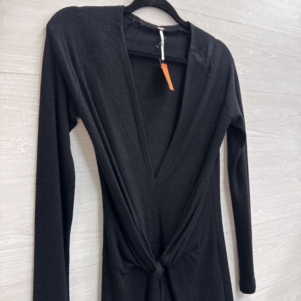 Free People Black Knit V Neck Knot Front Long Sleeve Mini Dress Small