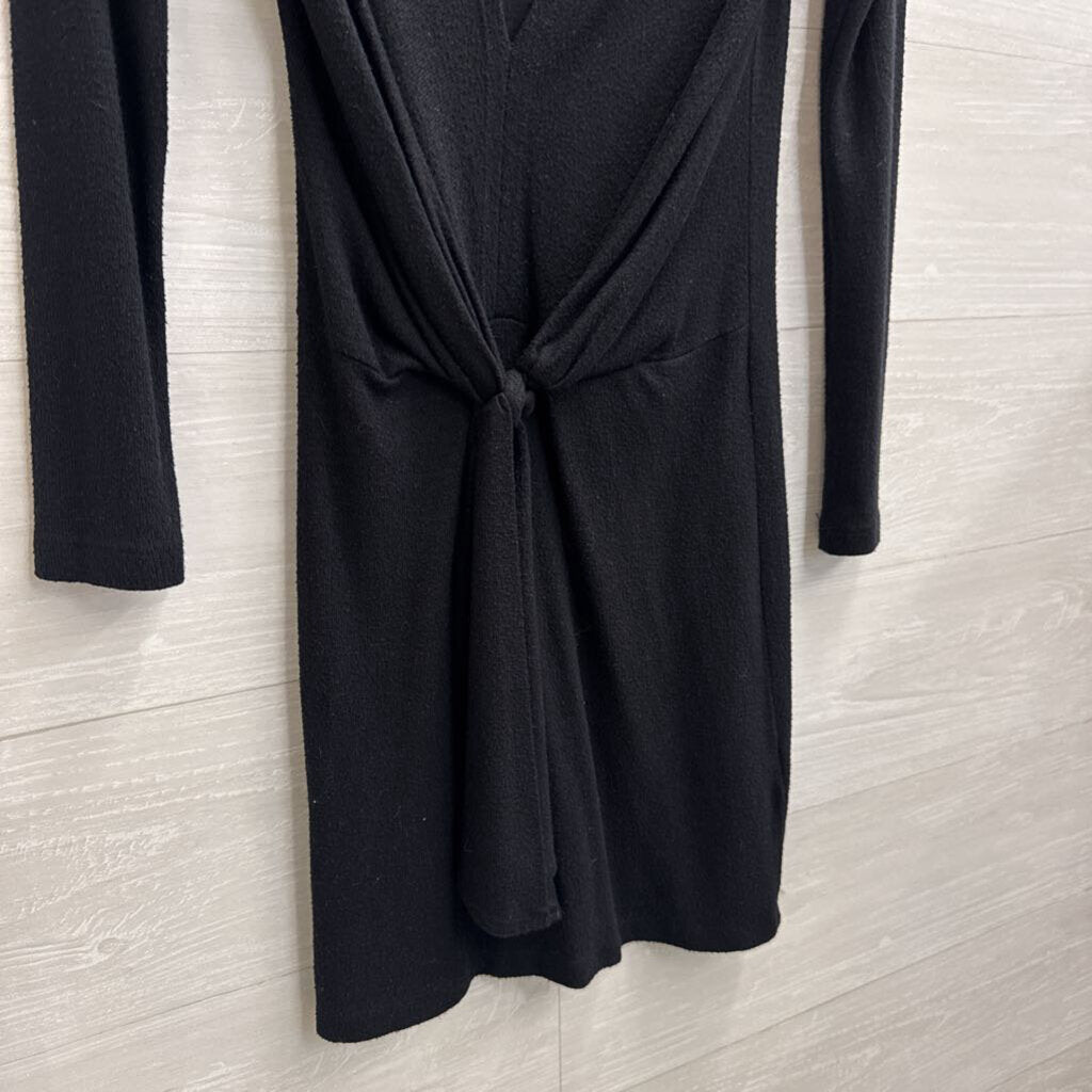 Free People Black Knit V Neck Knot Front Long Sleeve Mini Dress Small