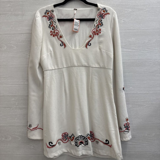 Free People Cream/ Multi Embroidered Detail Long Bell Sleeve Mini Dress 4