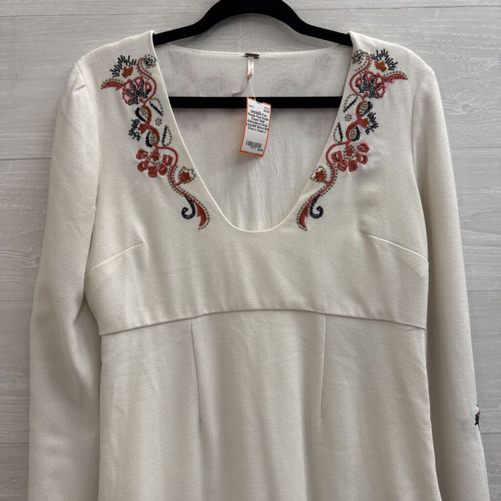 Free People Cream/ Multi Embroidered Detail Long Bell Sleeve Mini Dress 4