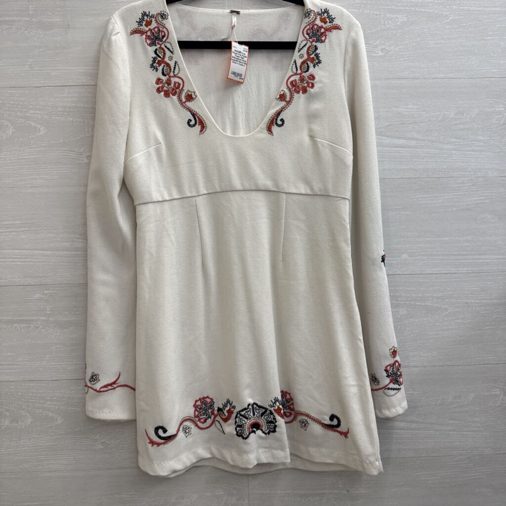 Free People Cream/ Multi Embroidered Detail Long Bell Sleeve Mini Dress 4
