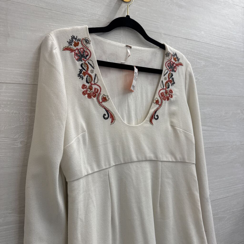 Free People Cream/ Multi Embroidered Detail Long Bell Sleeve Mini Dress 4