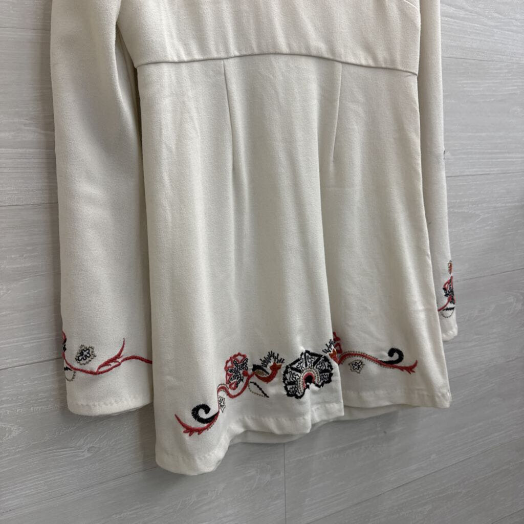 Free People Cream/ Multi Embroidered Detail Long Bell Sleeve Mini Dress 4