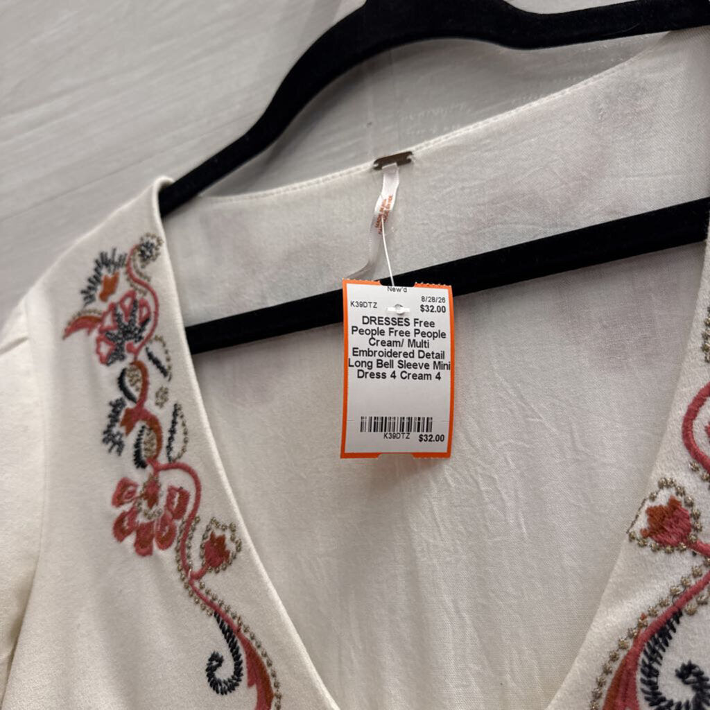 Free People Cream/ Multi Embroidered Detail Long Bell Sleeve Mini Dress 4
