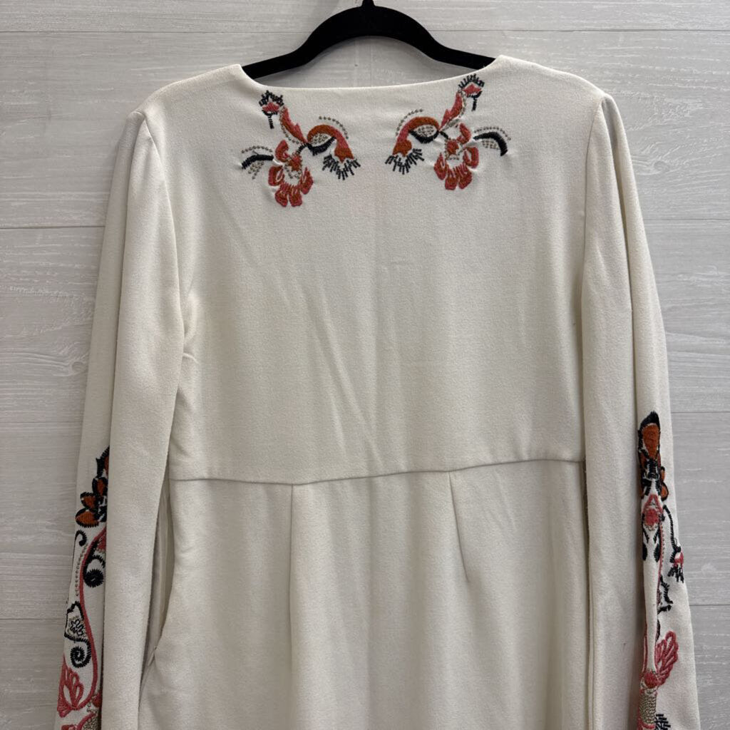 Free People Cream/ Multi Embroidered Detail Long Bell Sleeve Mini Dress 4