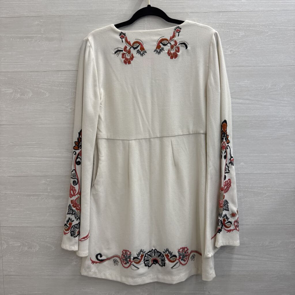 Free People Cream/ Multi Embroidered Detail Long Bell Sleeve Mini Dress 4
