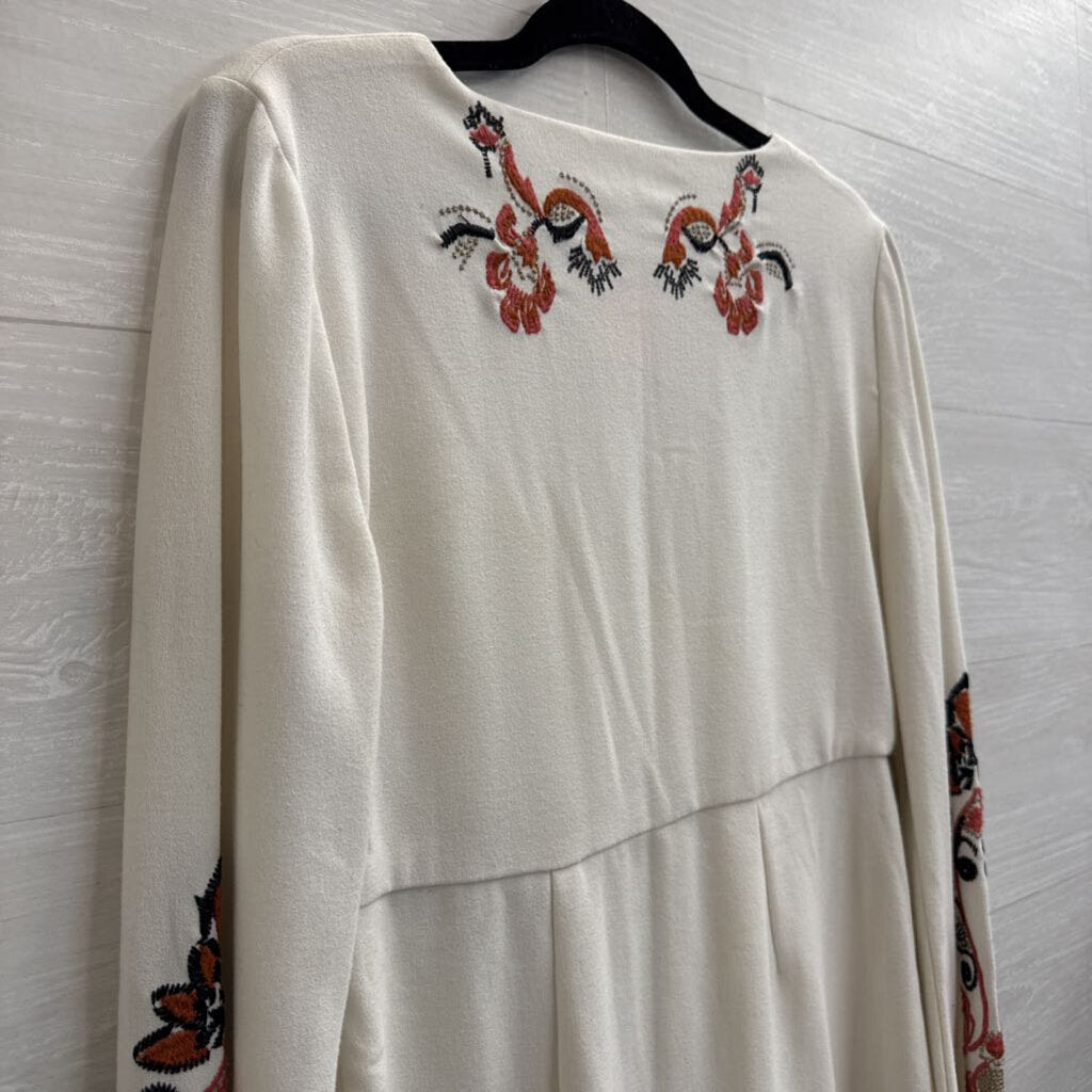 Free People Cream/ Multi Embroidered Detail Long Bell Sleeve Mini Dress 4