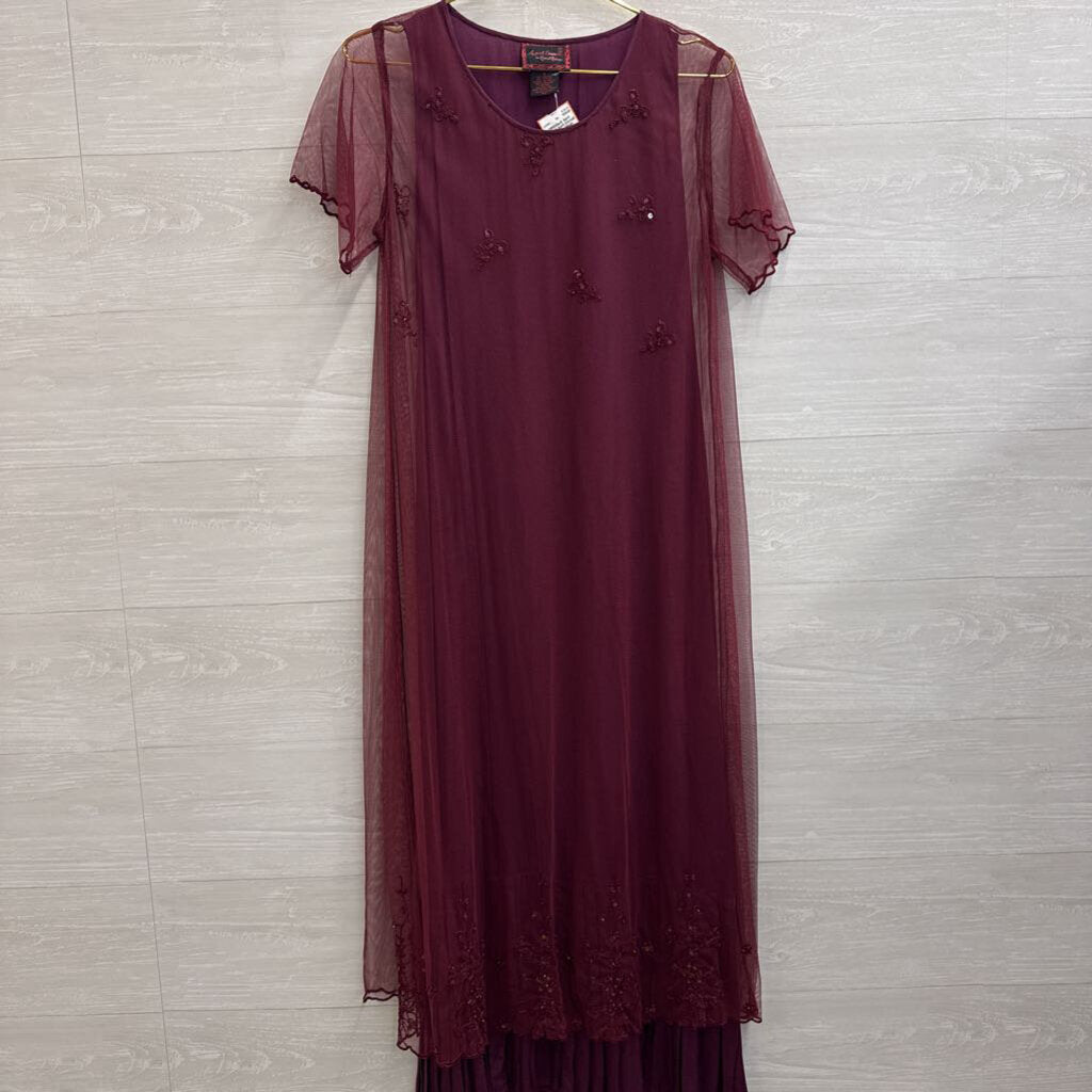 April Cornell Burgundy Mesh Short Sleeve Embroidered Detail Short Sleeve Maxi Dress Small