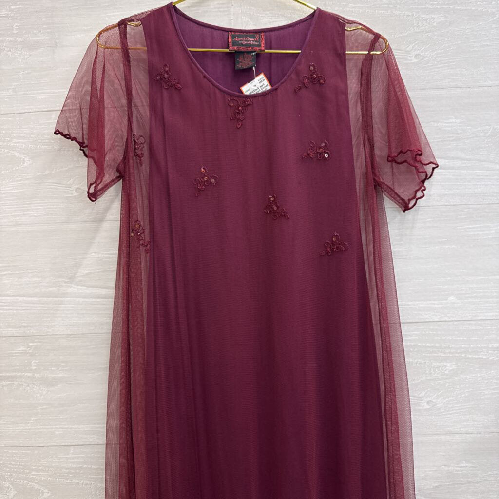 April Cornell Burgundy Mesh Short Sleeve Embroidered Detail Short Sleeve Maxi Dress Small