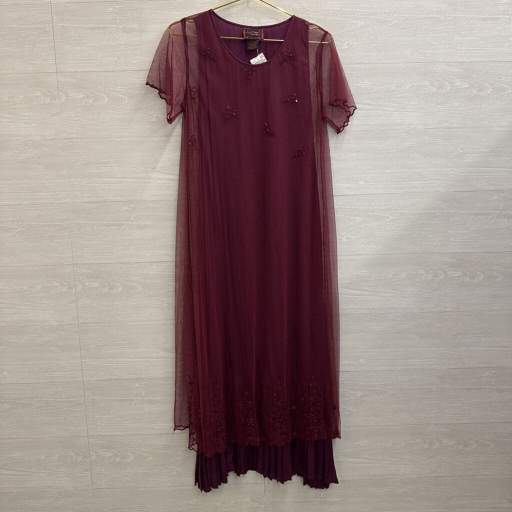April Cornell Burgundy Mesh Short Sleeve Embroidered Detail Short Sleeve Maxi Dress Small
