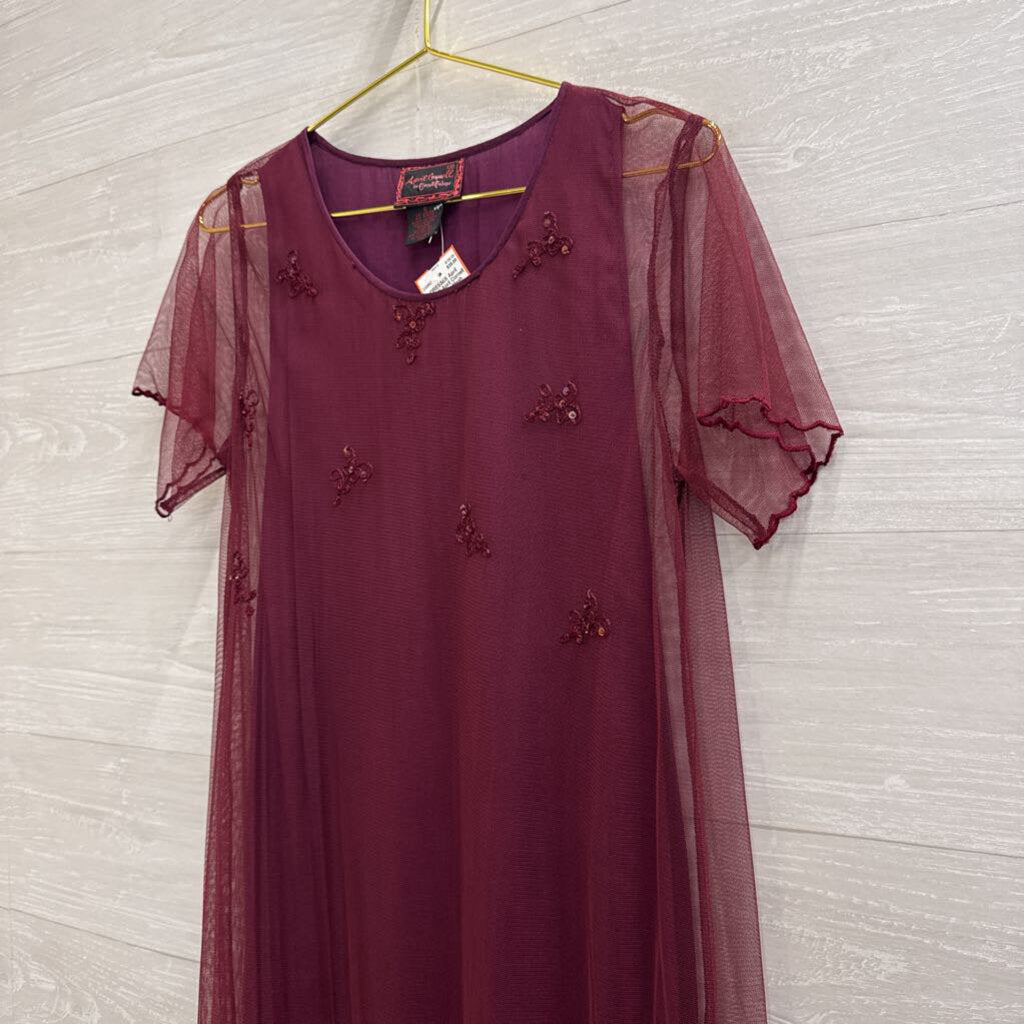 April Cornell Burgundy Mesh Short Sleeve Embroidered Detail Short Sleeve Maxi Dress Small