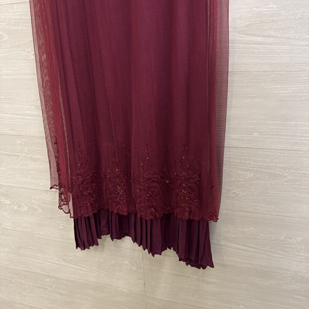 April Cornell Burgundy Mesh Short Sleeve Embroidered Detail Short Sleeve Maxi Dress Small