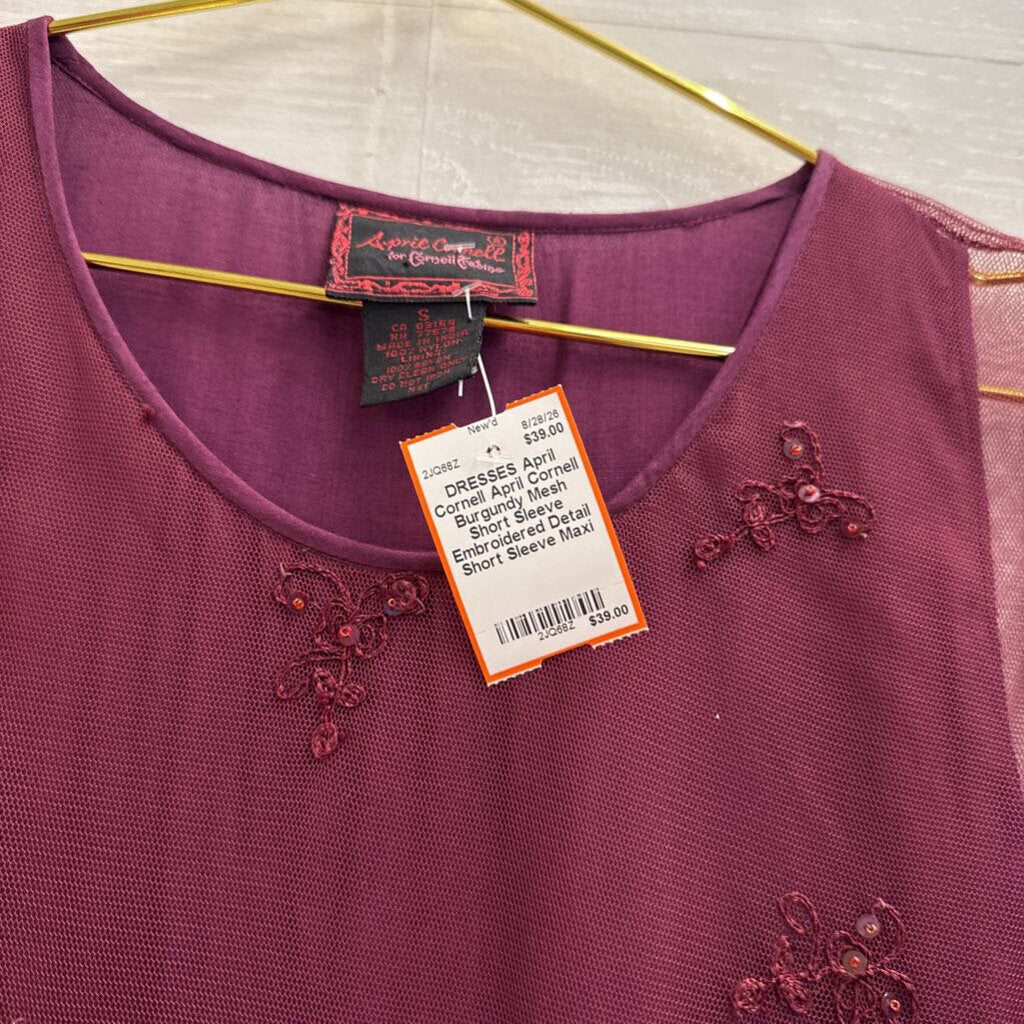 April Cornell Burgundy Mesh Short Sleeve Embroidered Detail Short Sleeve Maxi Dress Small