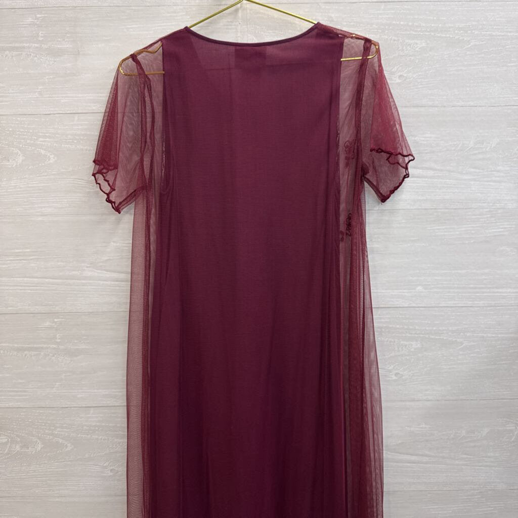 April Cornell Burgundy Mesh Short Sleeve Embroidered Detail Short Sleeve Maxi Dress Small