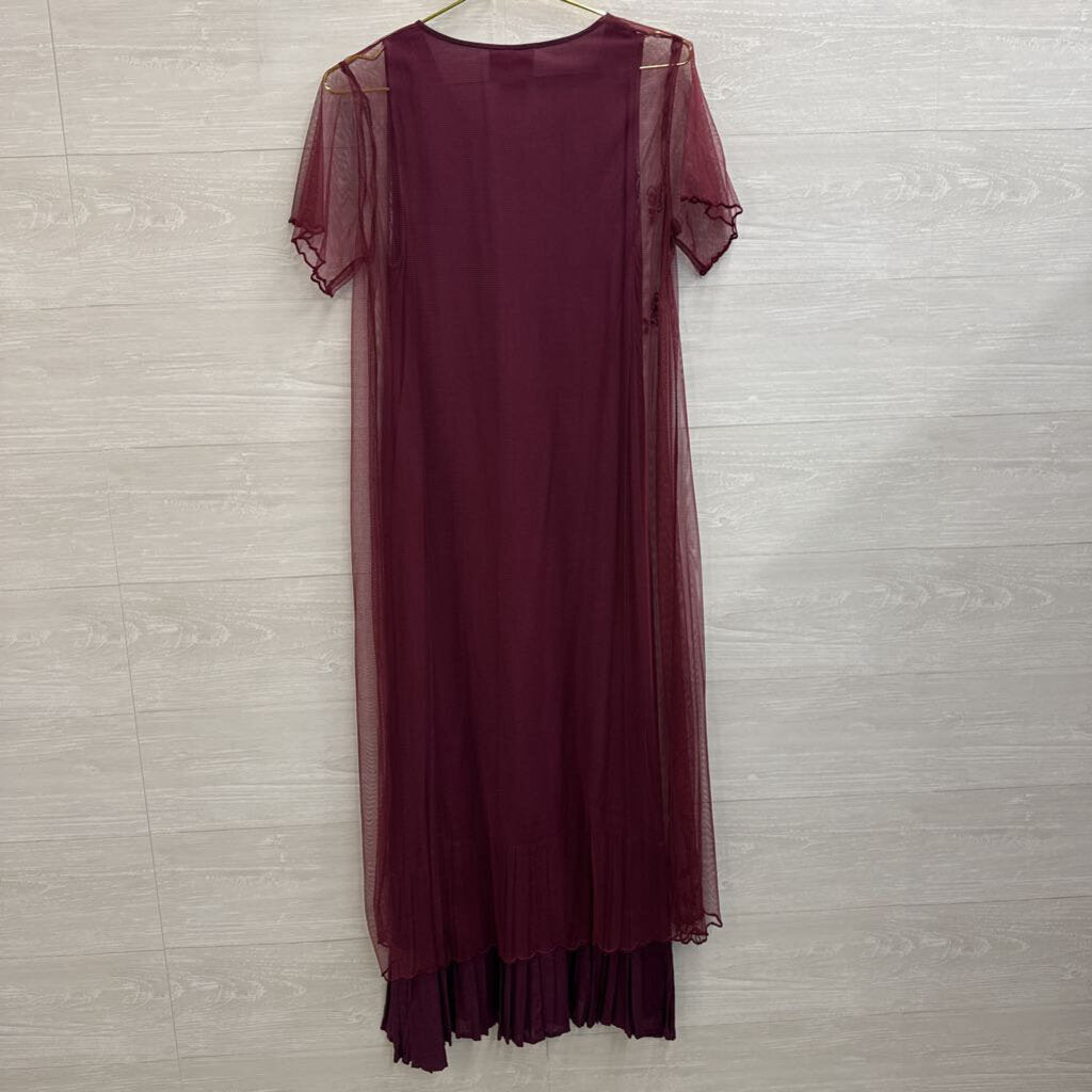 April Cornell Burgundy Mesh Short Sleeve Embroidered Detail Short Sleeve Maxi Dress Small