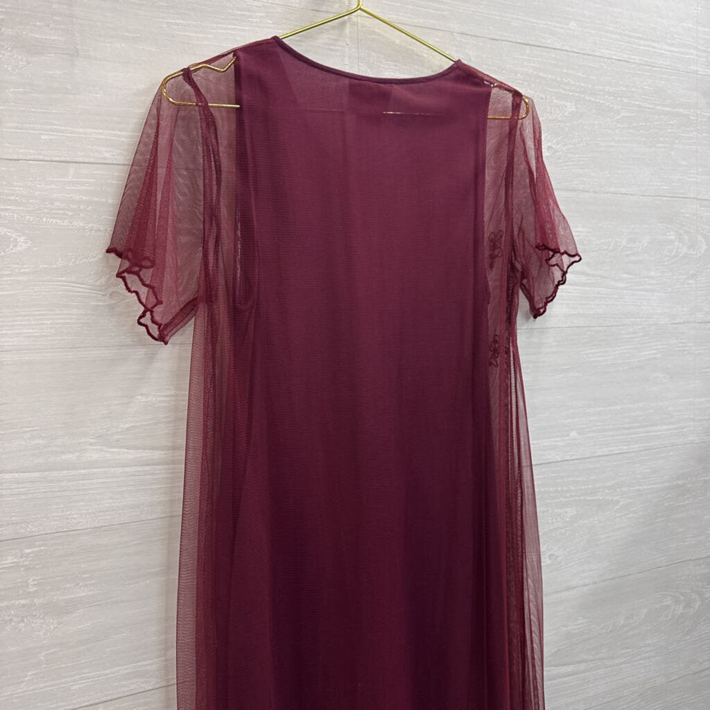April Cornell Burgundy Mesh Short Sleeve Embroidered Detail Short Sleeve Maxi Dress Small