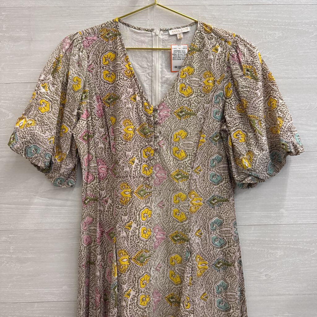 Anna Cate White/ Brown/ Multi Print Short Puff Sleeve Maxi Dress Extra Small