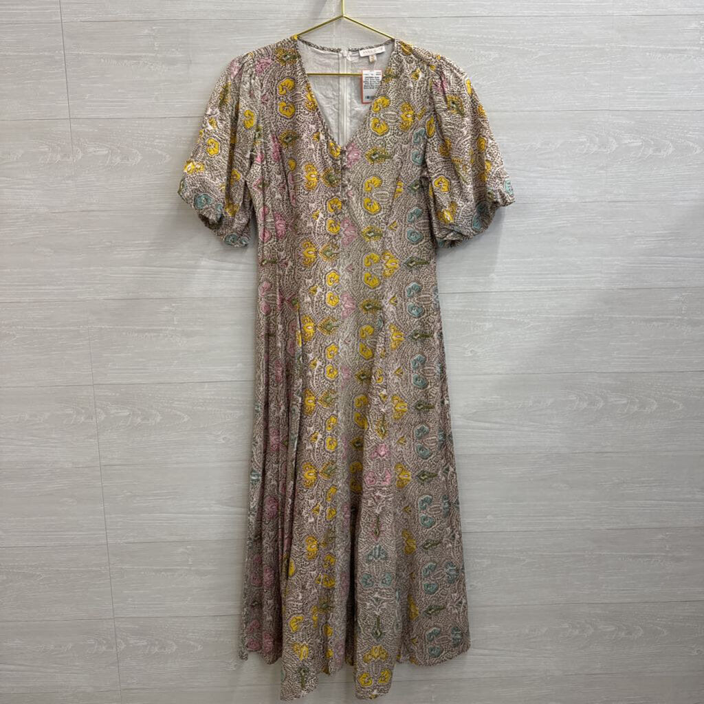 Anna Cate White/ Brown/ Multi Print Short Puff Sleeve Maxi Dress Extra Small