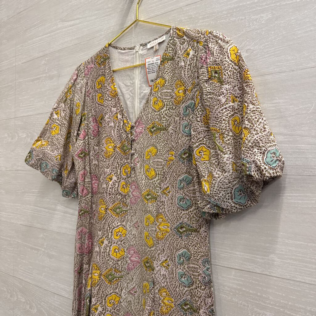 Anna Cate White/ Brown/ Multi Print Short Puff Sleeve Maxi Dress Extra Small