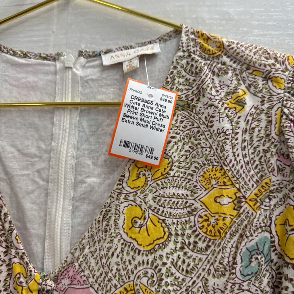 Anna Cate White/ Brown/ Multi Print Short Puff Sleeve Maxi Dress Extra Small
