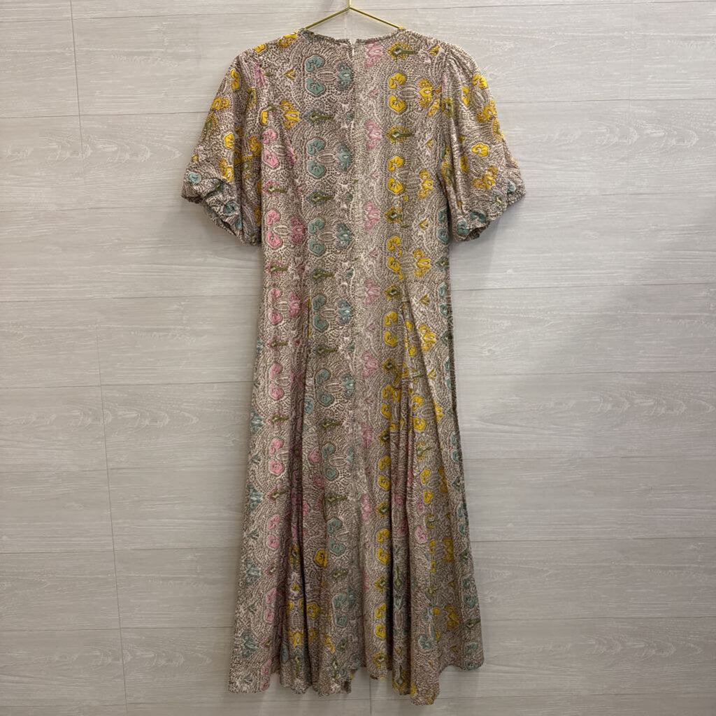 Anna Cate White/ Brown/ Multi Print Short Puff Sleeve Maxi Dress Extra Small