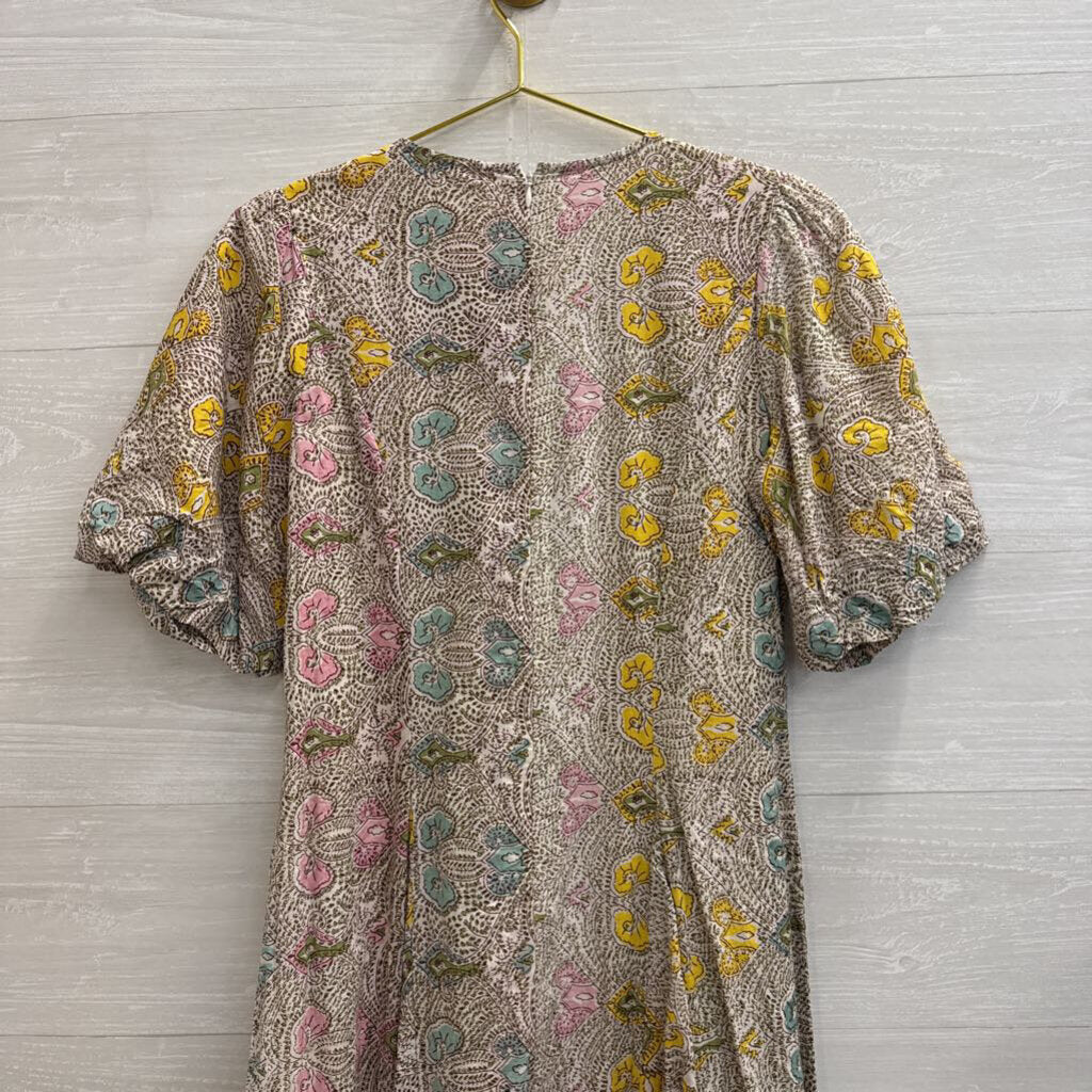 Anna Cate White/ Brown/ Multi Print Short Puff Sleeve Maxi Dress Extra Small